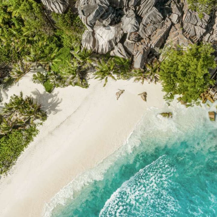 Vue aérienne d'une plage de rêve au sable blanc et aux arbres luxuriants aux Seychelles.