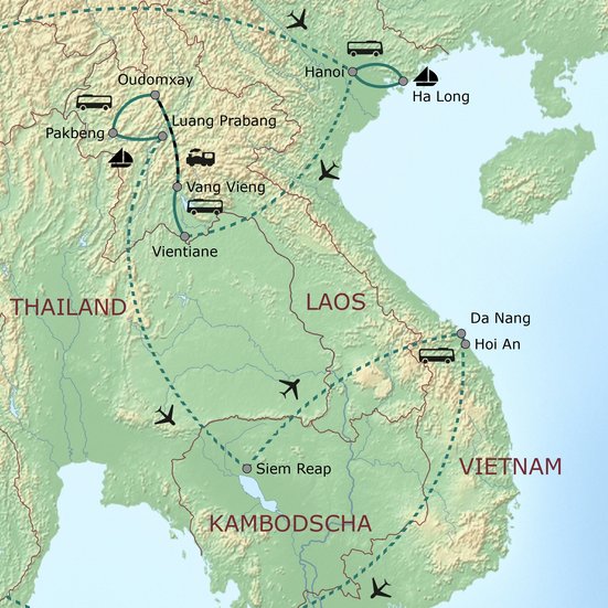 Reisekarte der Studienreise Indochina 2026 mit Route durch Vietnam, Laos und Kambodscha
