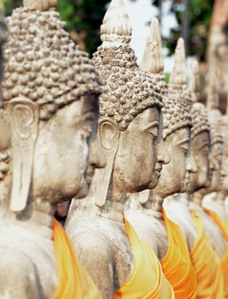 Eine Reihe von Statuen in Ayutthaya, Thailand, zeigt historische Kunstwerke in einem sonnigen Aussenbereich.
