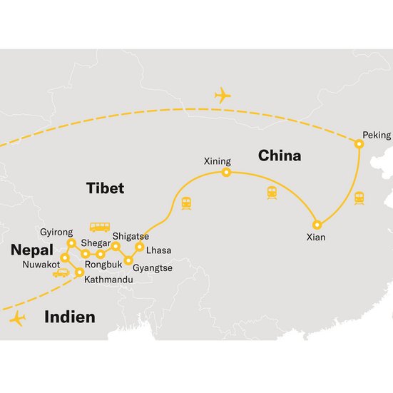 Reisekarte der Studienreise von China über Tibet bis nach Nepal