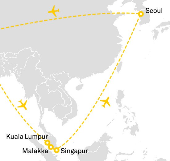 Übersichtskarte mit Flugrouten von Singapur, Malaysia und Südkorea