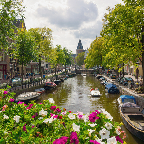 Ein Kanal in Amsterdam mit bunten Booten und blühenden Blumen am Ufer.