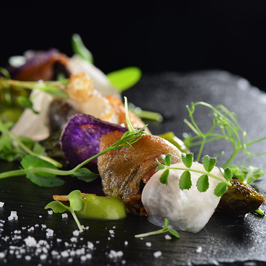 Ein Teller mit köstlichem Essen vor schwarzem Hintergrund, inspiriert von der Pariser Küche.