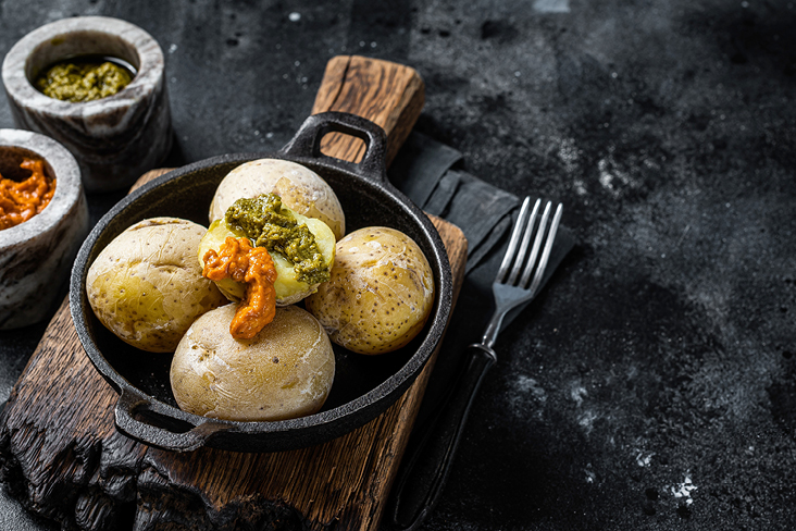 Pommes de terre dans une poêle avec une sauce épicée, inspirées des saveurs des Iles Canaries.