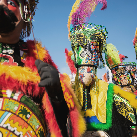 Eine Gruppe von Menschen in bunten Kostümen feiert die Karibik-Kultur.