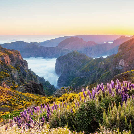 Sonnenaufgang über den Bergen der Kanaren, mit warmen Farben, die den Himmel erleuchten.