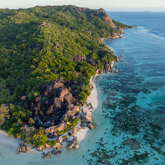 Vue aérienne d'une île des Seychelles avec une plage de sable blanc et des eaux turquoise environnantes.