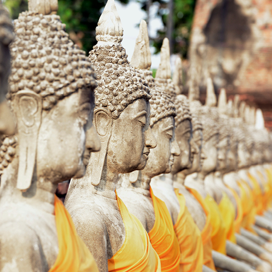 Eine Reihe von Statuen in Ayutthaya, Thailand, zeigt historische Kunstwerke in einem sonnigen Aussenbereich.