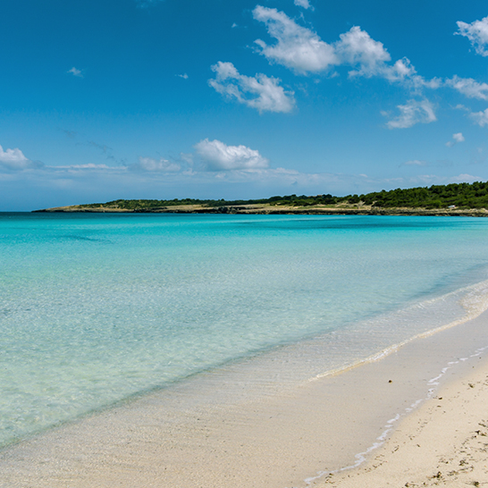 Ein Strand in Cala Millor, Mallorca, mit weissem Sand und klarem blauen Himmel.