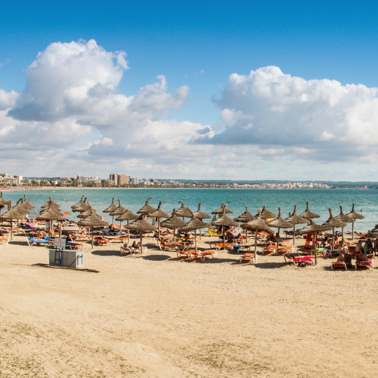 Sandstrand mit bunten Sonnenschirmen in Mallorca, Playa de Palma, ideal für einen entspannten Tag am Meer.