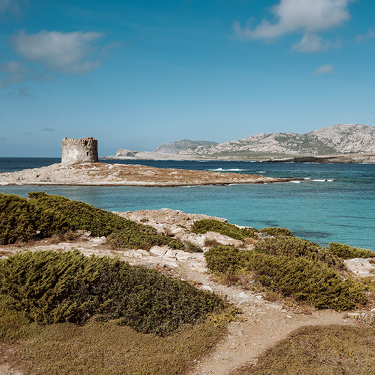 Ein kleines Boot liegt am Ufer eines Gewässers in Stintino, Sardinien.