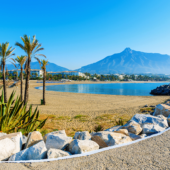 Blick auf einen wunderschönen Strand mit Palmen in Marbella in der Nähe des Yachthafens Puerto Banús an der Costa del Sol, Spanien.